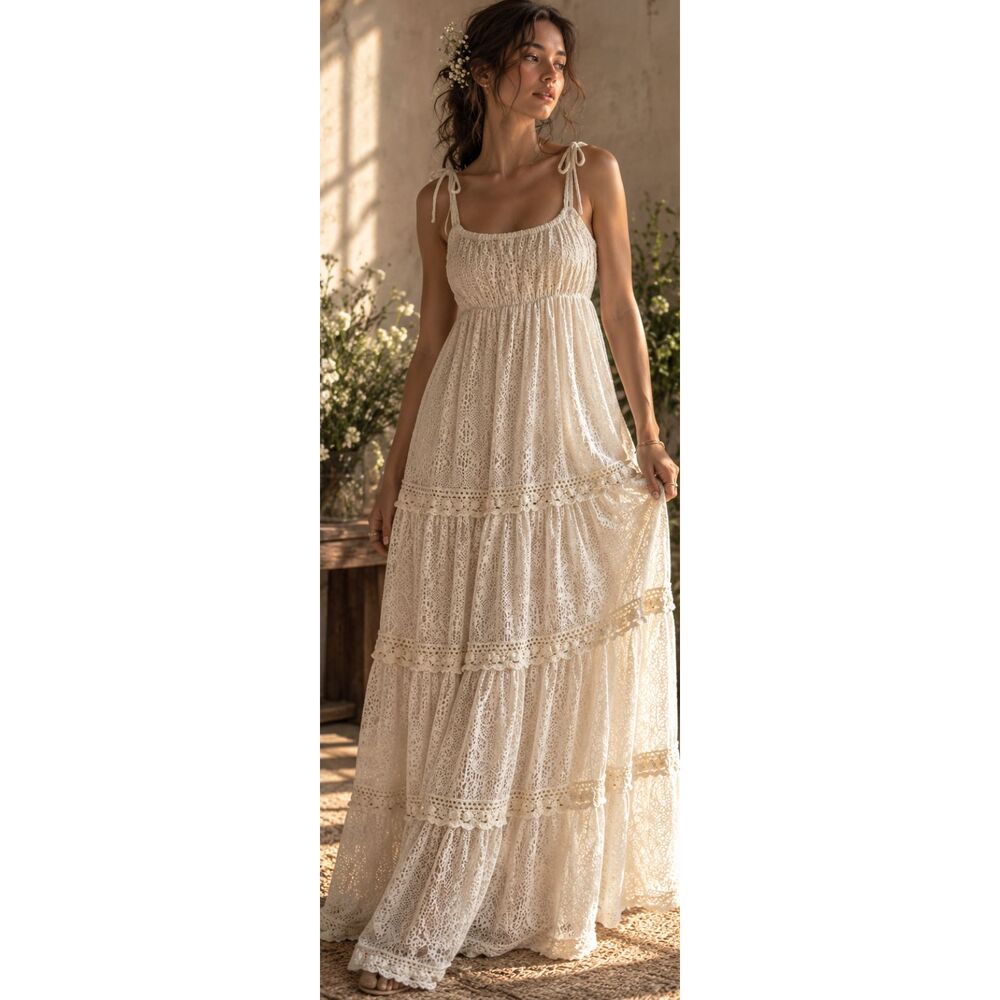 fairycore Ivory Crochet Lace Tiered Maxi Dress M Boho Cottagecore Festival